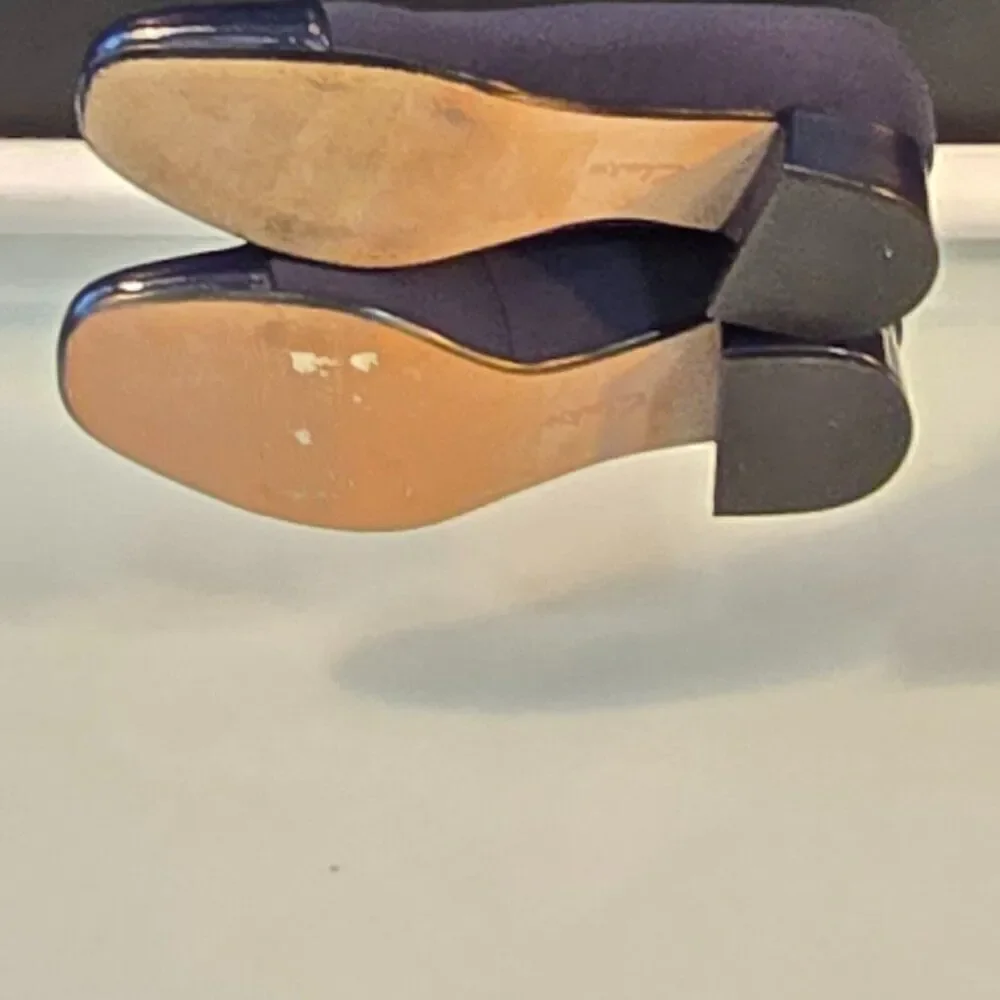 Clarks Marilyn Sara Blue Shoes Womens Sz 7.5 Fabric w Patent Leather Block Heels